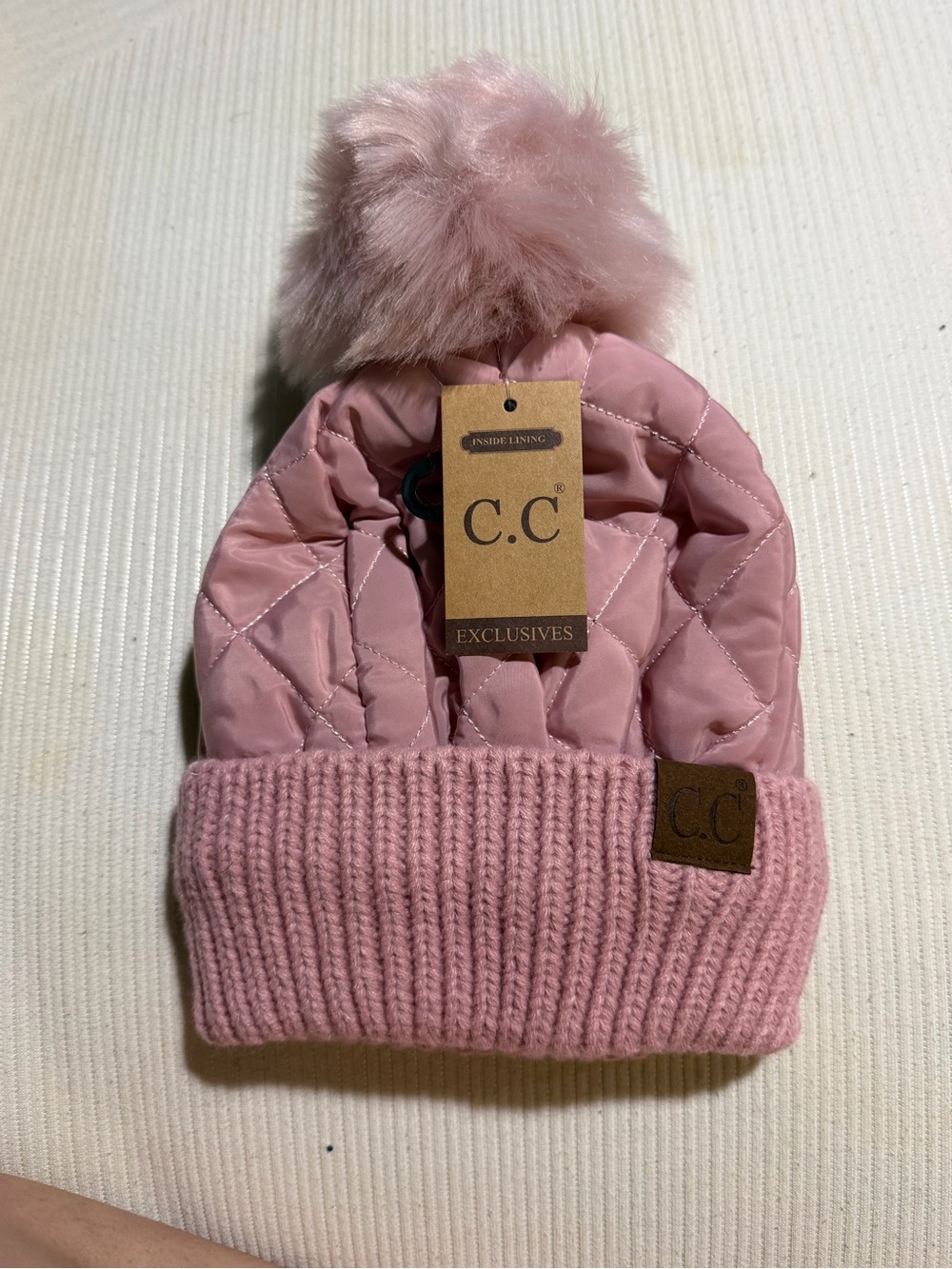 🌧️C.C Quilted Pink Beanie with Faux Fur Pom